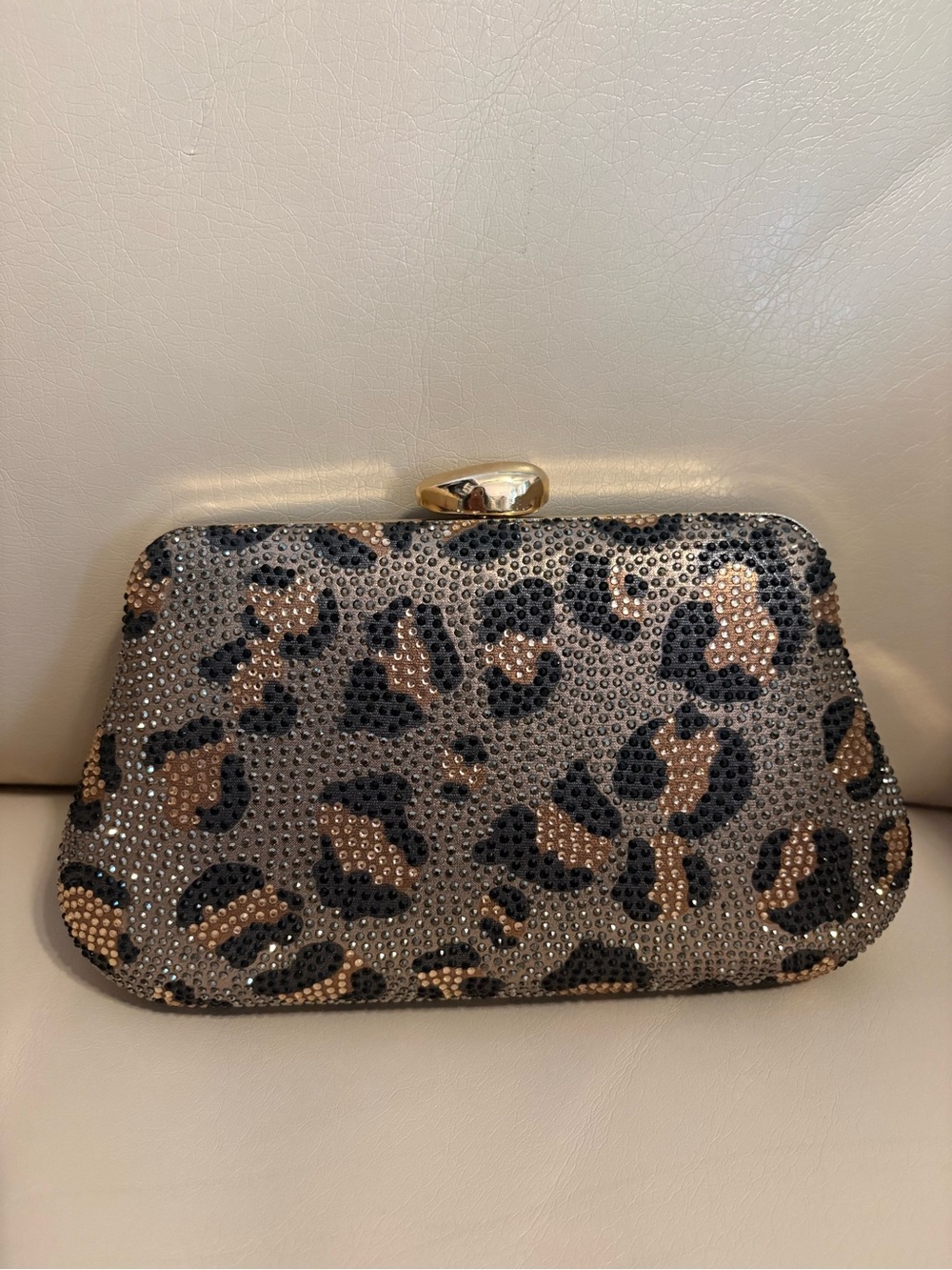Freida Rothman Leopard Crystal-Embellished Evening Clutch in Taupe and Black